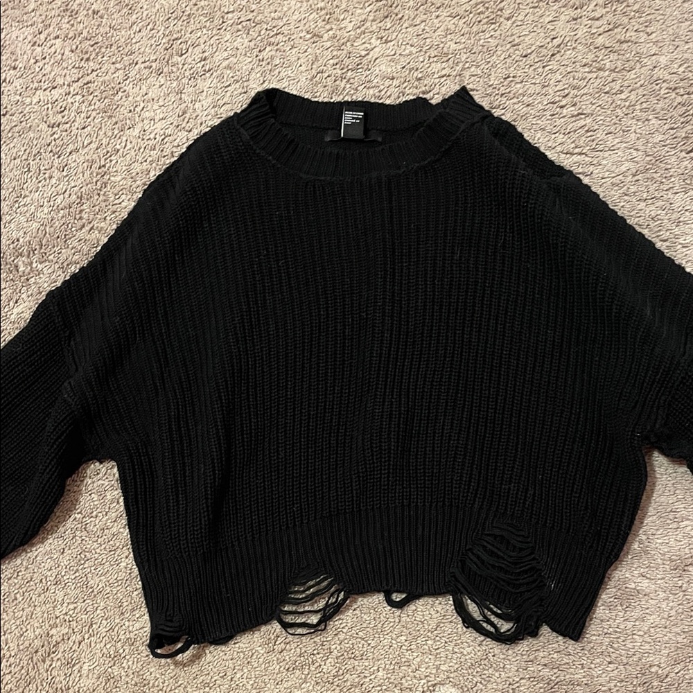 Forever 21 Black Distressed Crew Neck Sweater